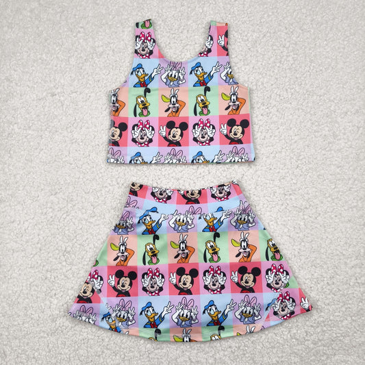 GSD2333 Baby Girls Sleeveless Cartoon Mouse Ducks Plaid Top Skort Yoga Set 4.24