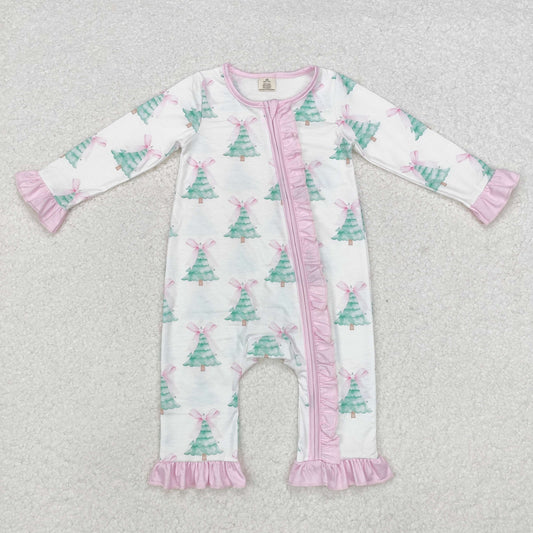 LR1518 Baby Infant Girls Christmas Tree Pink Bows Bamboo Zip Rompers