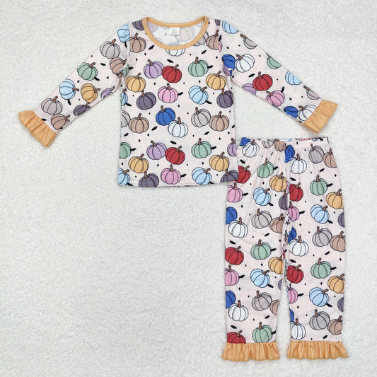 GLP1584 Baby Girls Fall Pumpkins Colorful Bamboo Pajamas Clothes Set