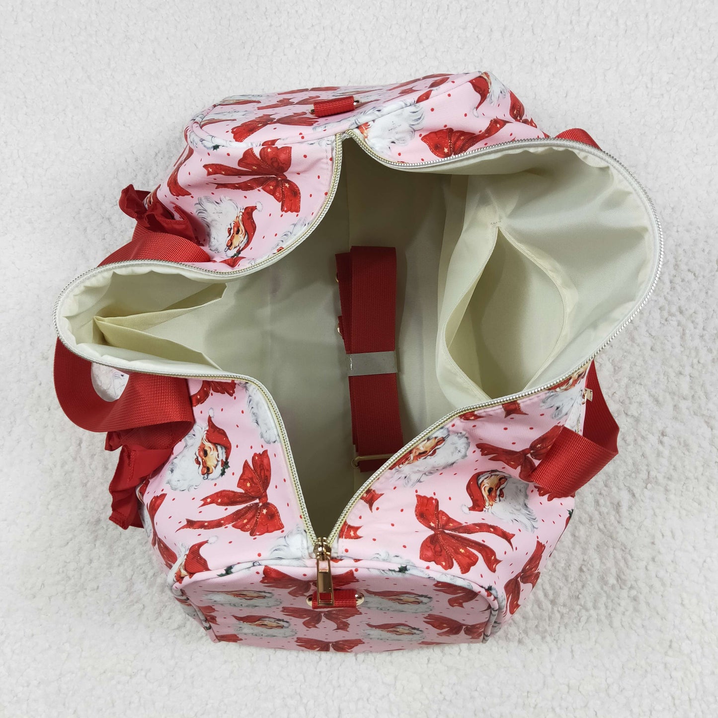 BA0306 Red Ruffle Bows Santa Print Zipper Gym Bags 7.7