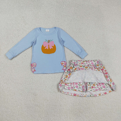 GLD1172 Embroidery Baby Girls Blue Long Sleeves Bows Pumpkin Top Flowers Skorts Set C8.30