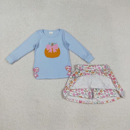 GLD1172 Embroidery Baby Girls Blue Long Sleeves Bows Pumpkin Top Flowers Skorts Set C8.30