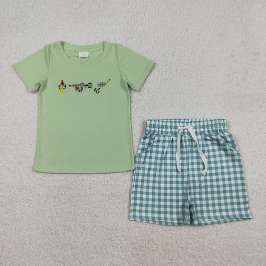 BSSO1621 Embroidery Fishing Baby Boys Top Checked Pockets Shorts Hunting Clothes Set C12.15