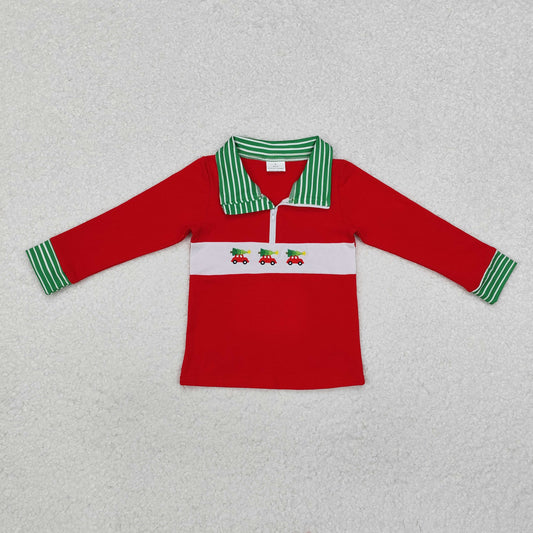 BT0930 Baby Boys Red  Embroidery Christmas Tree Cars Zip Long Sleeve Pullovers Tops