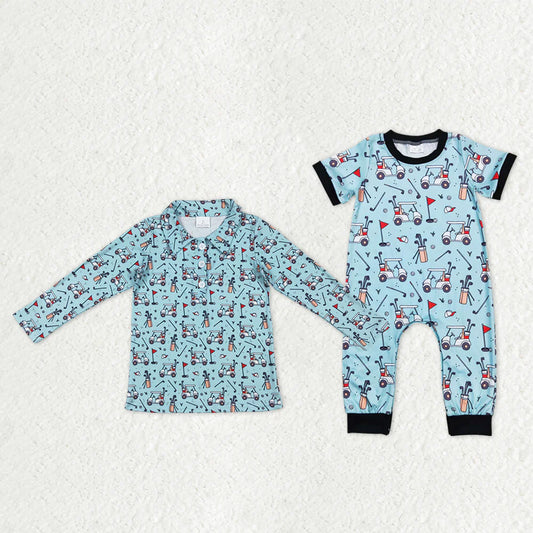 Sibling Baby Boys Blue Golf Flags Button Polo Shirts Footie Rompers C12.1