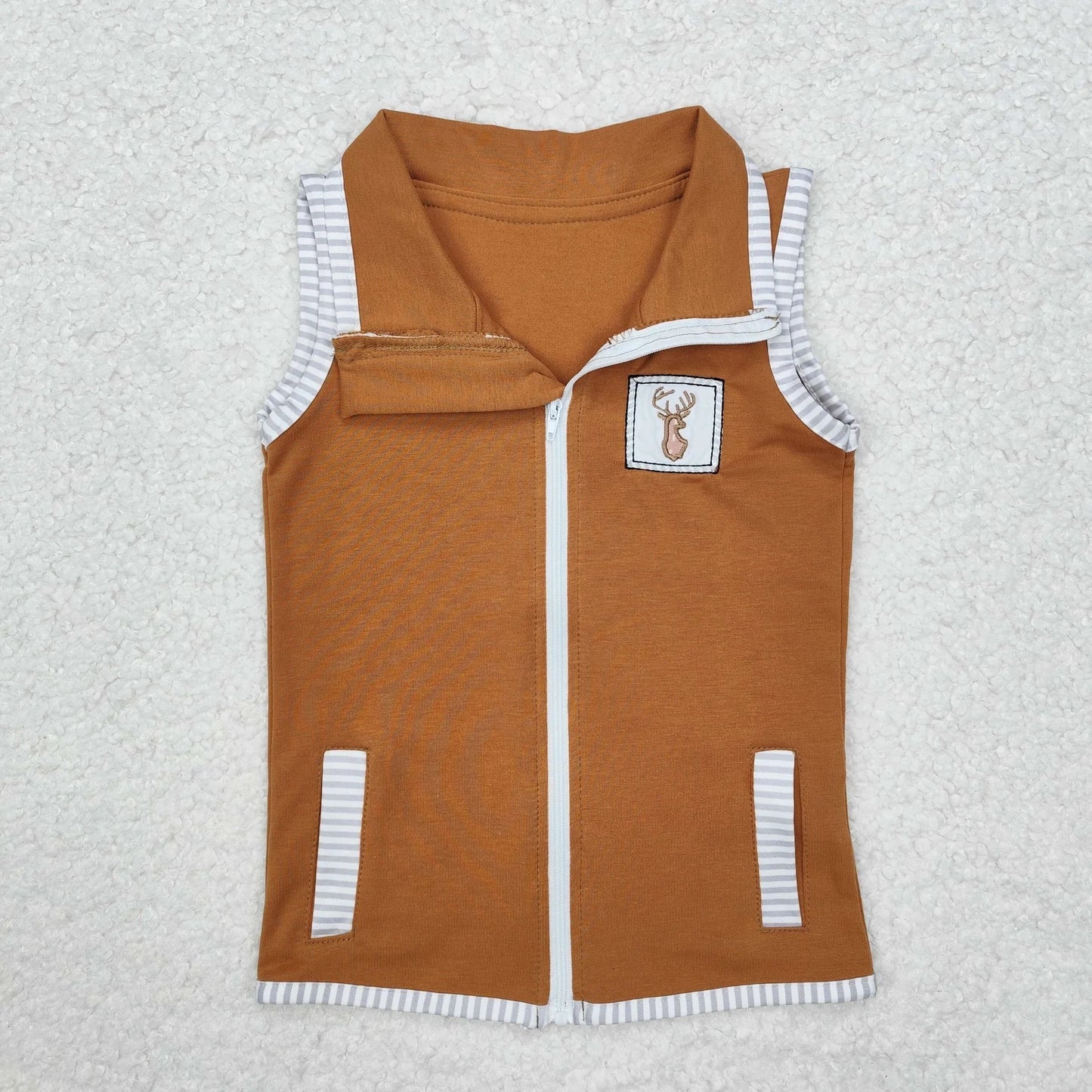 Sibling Baby Boys Sleeveless Embroidery Deer Dog Duck Pocket Zipper Jackets Top 8.7