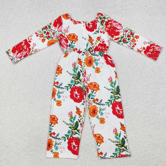 LR1837 Baby Girls Orange Red Flowers Long Sleeve Fall Jumpsuit