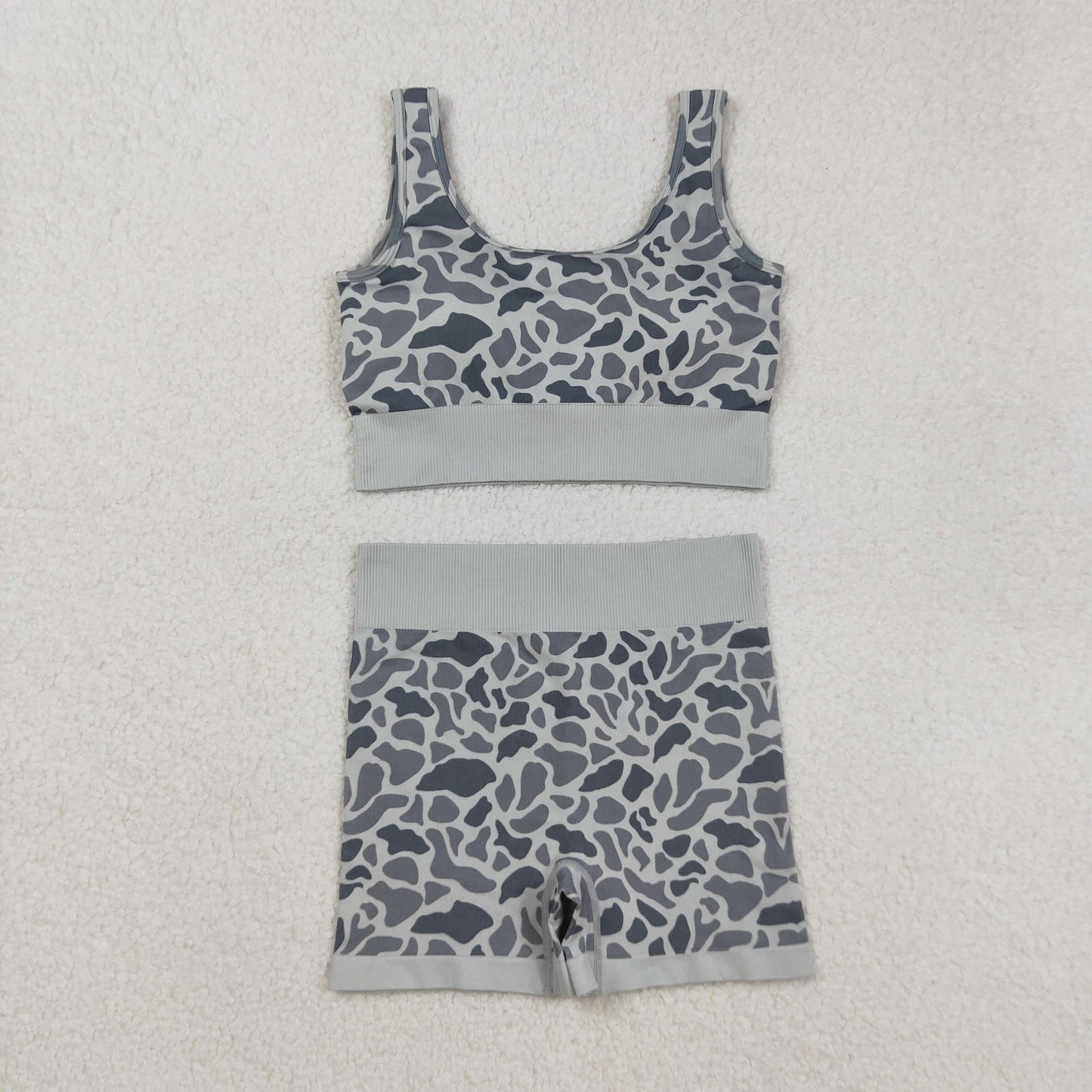 GT1186+SS0643 Adult Women Grey Camo Crop Bra Top Shorts Yoga Outfits Set C9.5