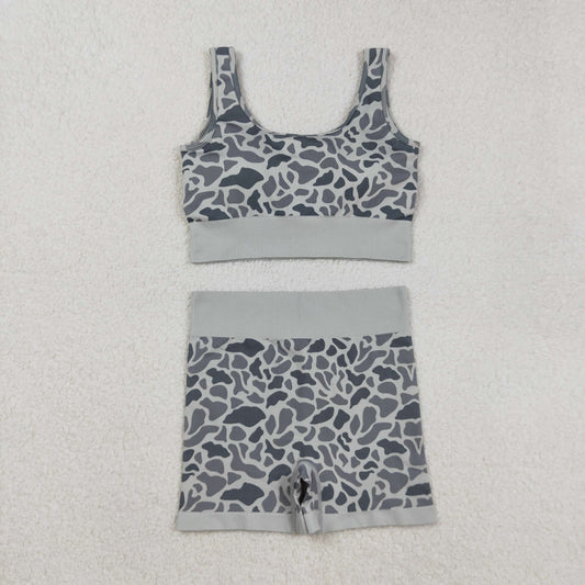 GT1186+SS0643 Adult Women Grey Camo Crop Bra Top Shorts Yoga Outfits Set C9.5