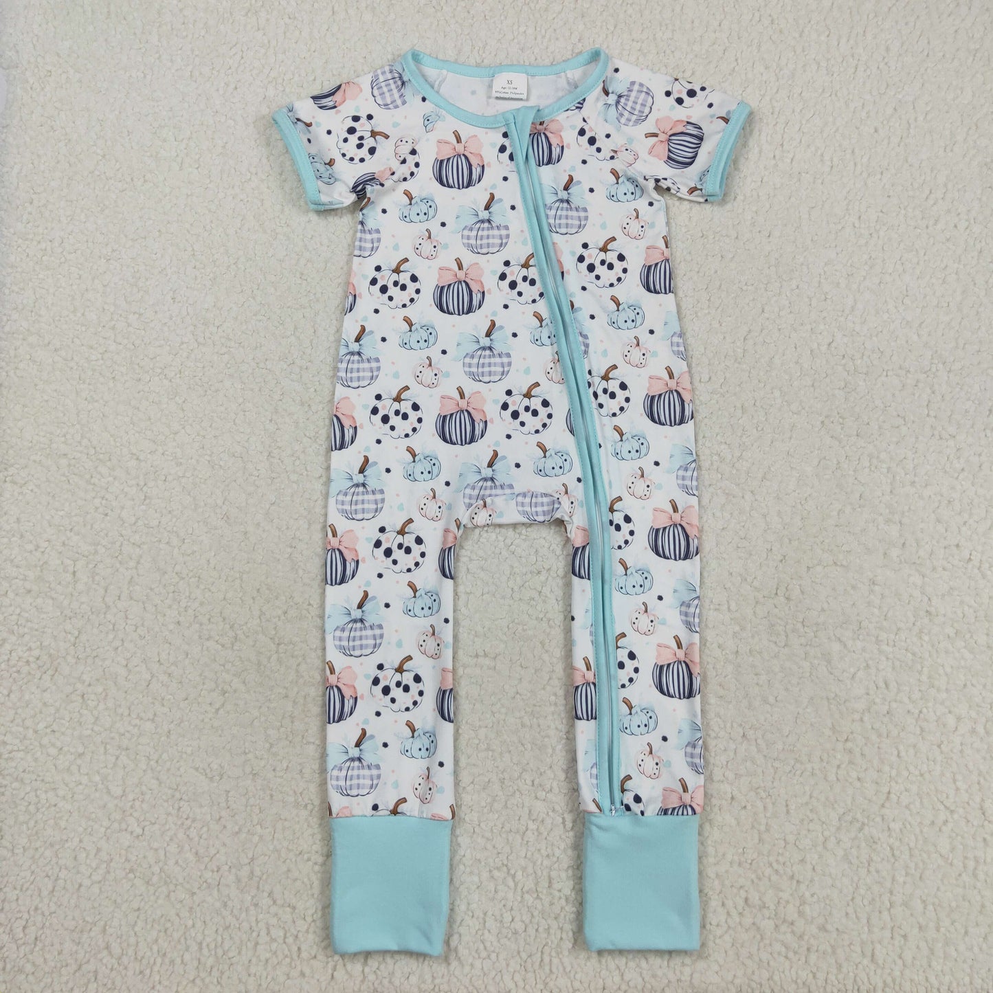 SR3109 Baby Infant Girls Blue Short Sleeves Bows Pumpkins Zipper Romper C8.15