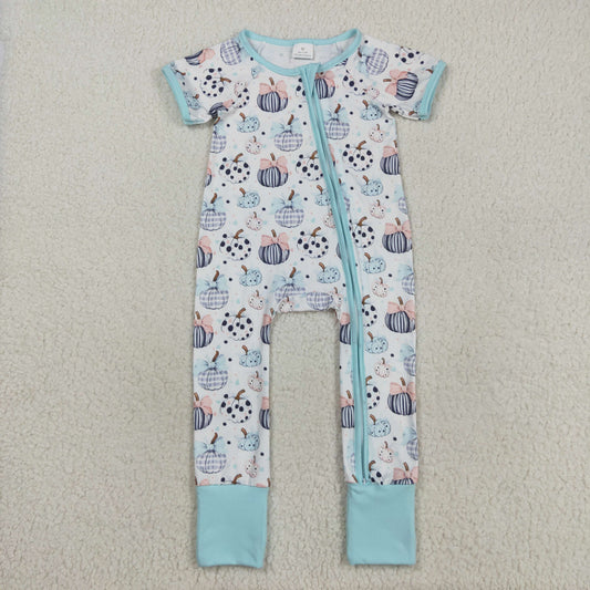 SR3109 Baby Infant Girls Blue Short Sleeves Bows Pumpkins Zipper Romper C8.15