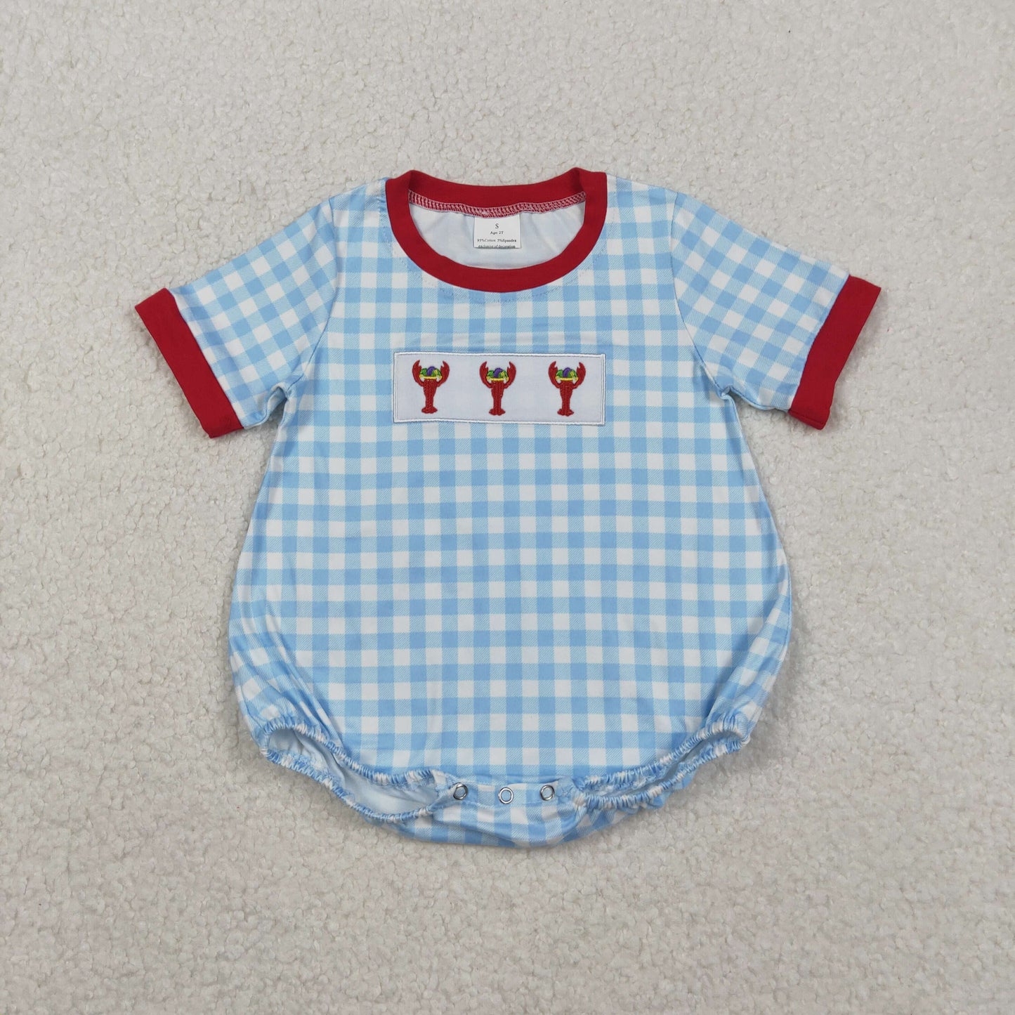SR3257 Embroidery Baby Boys Blue Checked Mardigras Crayfishes Romper C11.10