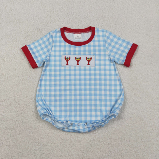 SR3257 Embroidery Baby Boys Blue Checked Mardigras Crayfishes Romper C11.10
