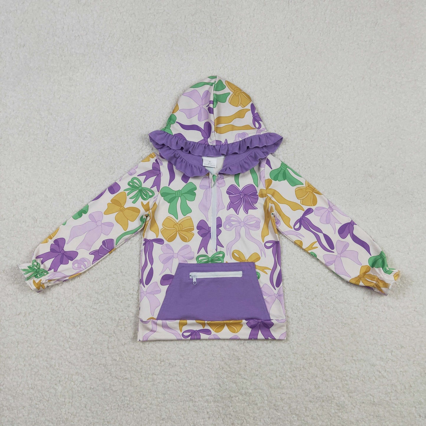 GT1222 Baby Girls Mardi Gras Bows Pocket Zipper Ruffle Hoodies Top C11.24