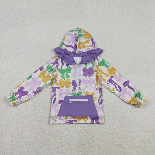 GT1222 Baby Girls Mardi Gras Bows Pocket Zipper Ruffle Hoodies Top C11.24