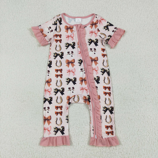 SR3116 Baby Girls Pink Short Ruffle Sleeves Bows Horse Shoes Zipper Romper 7.7
