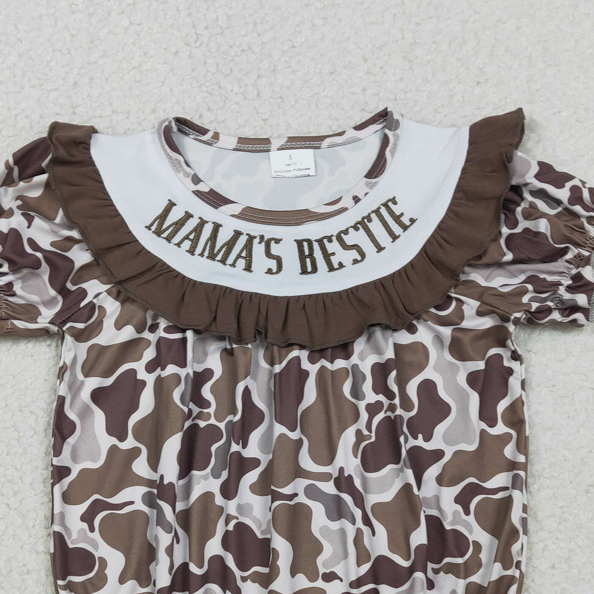 RTS SR3888 Embroidery Mama's Bestie Baby Girls Southern Brown Camo Ruffle Rompers