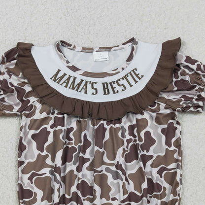 RTS SR3888 Embroidery Mama's Bestie Baby Girls Southern Brown Camo Ruffle Rompers