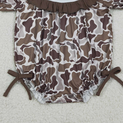 RTS SR3888 Embroidery Mama's Bestie Baby Girls Southern Brown Camo Ruffle Rompers