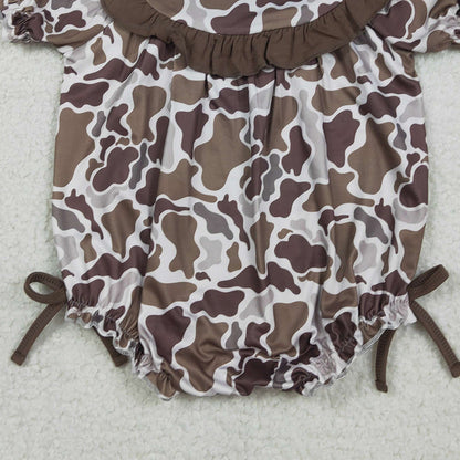 RTS SR3888 Embroidery Mama's Bestie Baby Girls Southern Brown Camo Ruffle Rompers