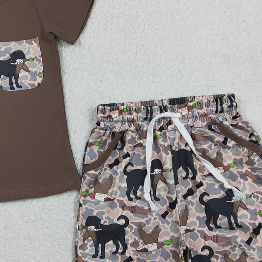 RTS BSSO1849 Baby Boys Shirt Top Dog Ducks Camo Pockets Short Hunting Clothes Sets