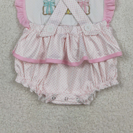 RTS SR3477 Embroidery Rabbits Baby Girls Strap Polka Dots Easter Ruffle Rompers