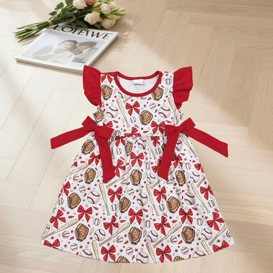 RTS GSD3455 Baby Girls Flutter Sleeve Baseballs Bows Team Knee Length Dresses