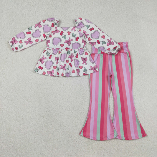 GLP3119 Baby Girls Colorful Hearts Ruffle Top Stripe Bell Bottom Pant Valentine Clothes Set C12.15
