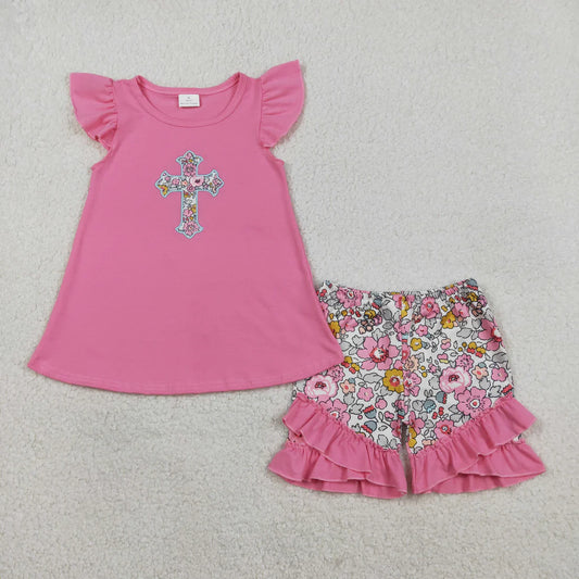 RTS Sibling Baby Girls Embroidery Floral Cross Ruffle Shorts Easter Clothes Set Ruffle Rompers