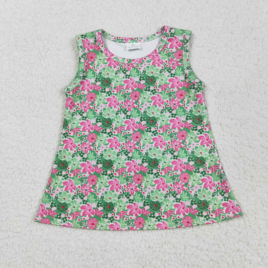 GT1015 Baby Girls Sleeveless Green Pink Floral Yoga Shirts Top 5.21