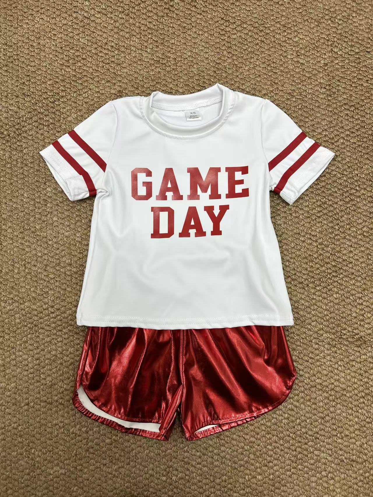 GT1102+SS0415 Baby Girls Vinyl Red Game Day Top Leather Shorts Team Active Set C8.23
