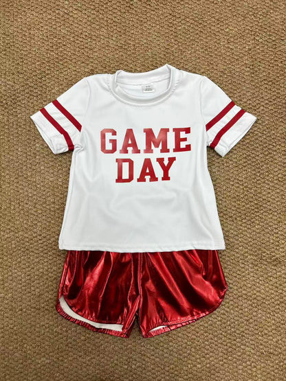 GT1102+SS0415 Baby Girls Vinyl Red Game Day Top Leather Shorts Team Active Set C8.23
