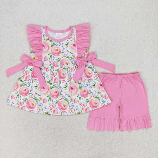 GSSO1003 Floral pink lace bow sleeveless shorts set