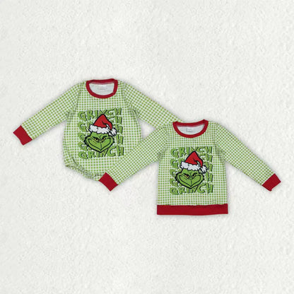 Sibling Baby Boys Green Faces Christmas Checked Tee Shirts Top Rompers C10.23