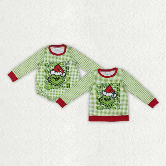 Sibling Baby Boys Green Faces Christmas Checked Tee Shirts Top Rompers C10.23
