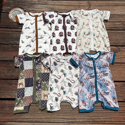 Sibling Baby Boys Hunting Duck Short Sleeve Zip Rompers C8.23
