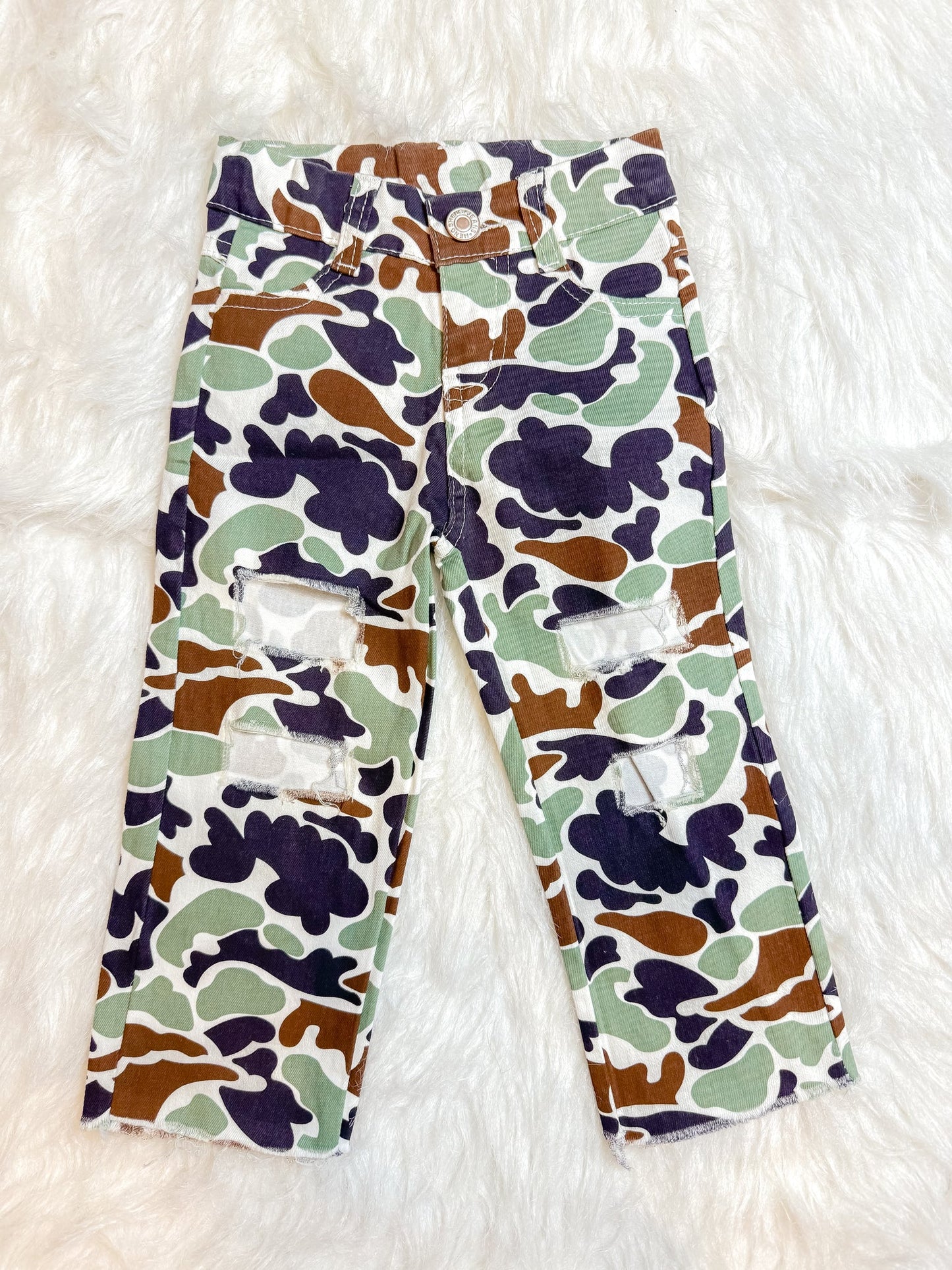 P0413 Brown green camouflage hole Denim trousers