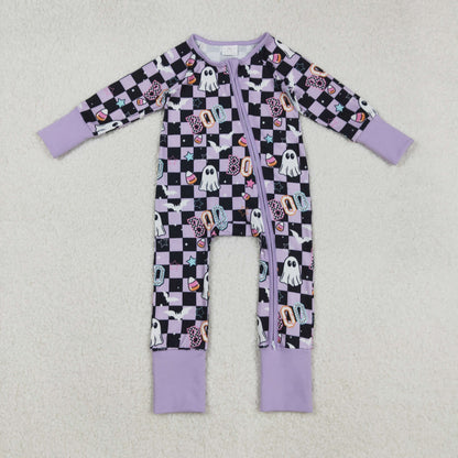 LR2541 Baby Girls Black Plaid Ghosts Candy Halloween Zipper Footie Romper C9.4