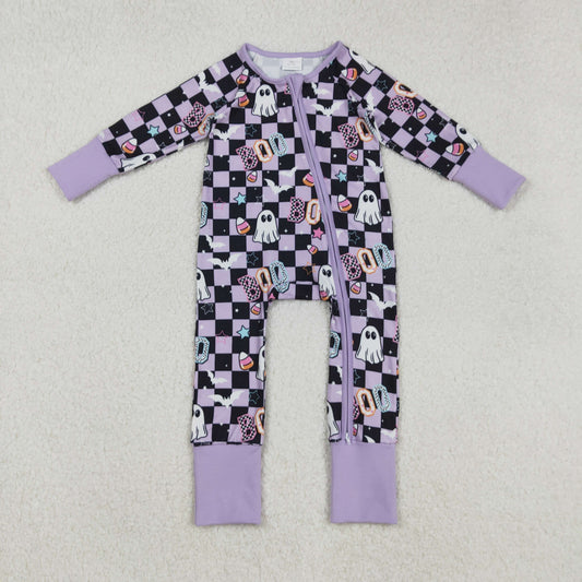 LR2541 Baby Girls Black Plaid Ghosts Candy Halloween Zipper Footie Romper C9.4