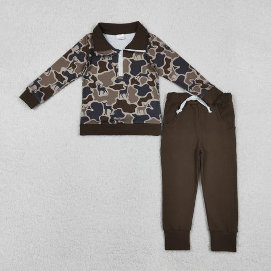 BLP1270 Baby Boys Brown Deer Camo Zipper Pullovers Pockets Jogger Pant Western Set C10.21
