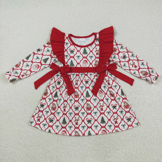 GLD1158 Baby Girls Long Ruffle Sleeves Bows Trees Plaid Knee Length Dress 8.5
