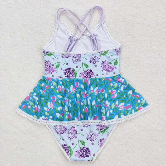 S0246 Purple floral lace teal halter one-piece swimsuit