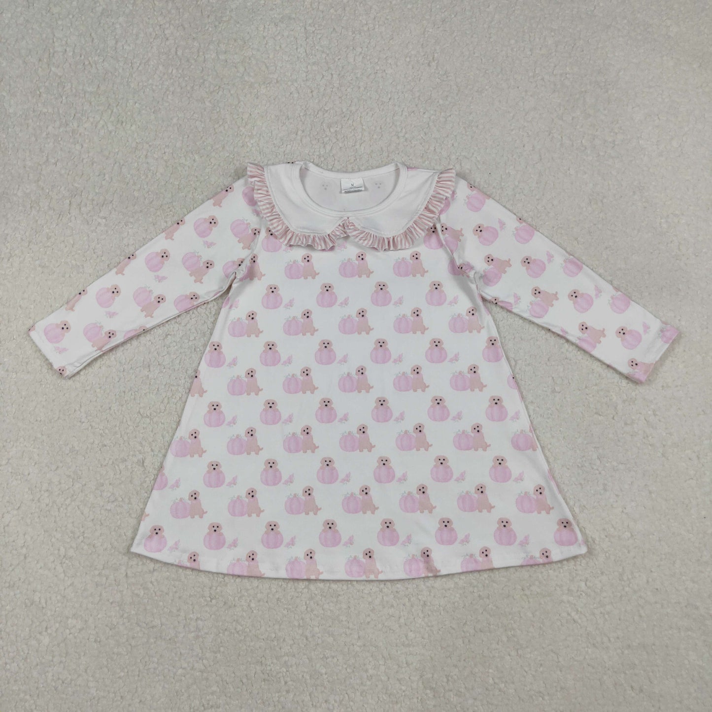 GLD1157 Baby Girls Long Ruffle Sleeves Pink Dog Pumpkins Knee Length Dress C9.29