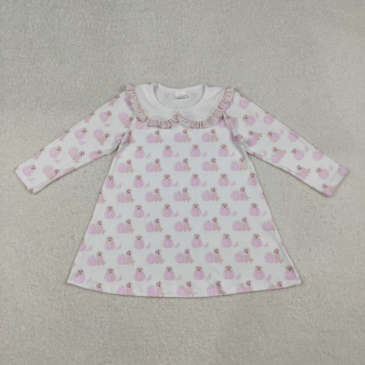 GLD1157 Baby Girls Long Ruffle Sleeves Pink Dog Pumpkins Knee Length Dress C9.29