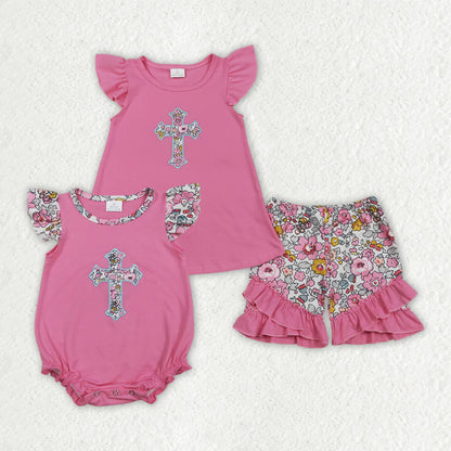 RTS Sibling Baby Girls Embroidery Floral Cross Ruffle Shorts Easter Clothes Set Ruffle Rompers