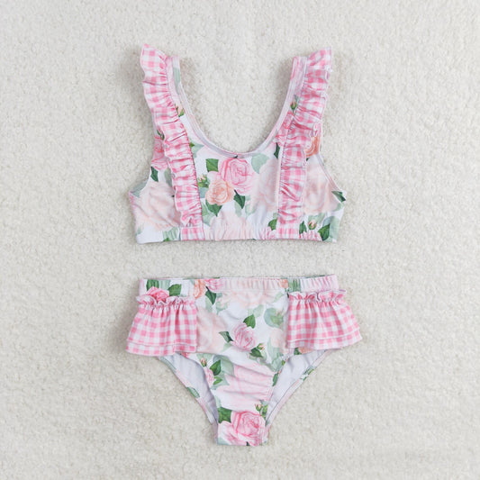 S0318 Floral pink check lace bathing suit