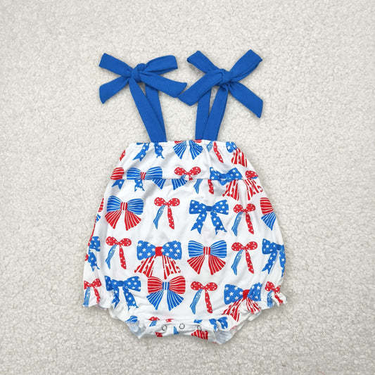 SR2902 Baby Infant Boys Blue Strap Red Bows Stars 4th Of July Romper 4.29