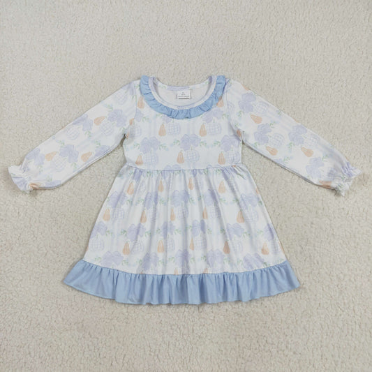 GLD1129 Baby Girls Long Ruffle Sleeves Pumpkins Plaid Knee Length Dress 8.7