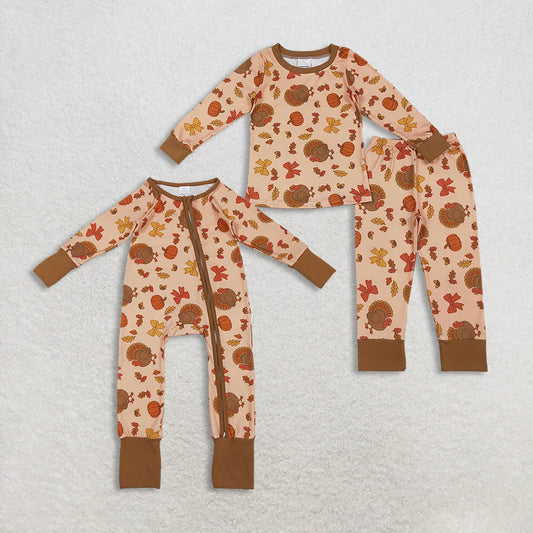 Sibling Baby Girls Turkey Pumpkins Top Pant Thanksgiving Pajamas Sets Zip Rompers C11.1