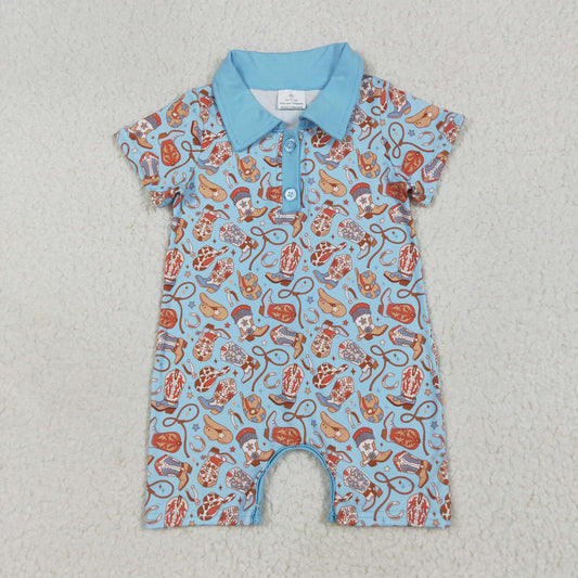 SR3128 Baby Kids Blue Short Sleeves Boots Hats Button Romper  6.20